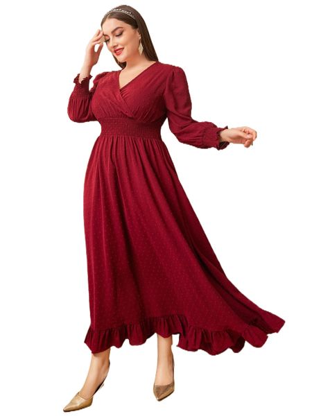 

plus swiss dot shirred lantern sleeve ruffle hem dress p7gx#, Black