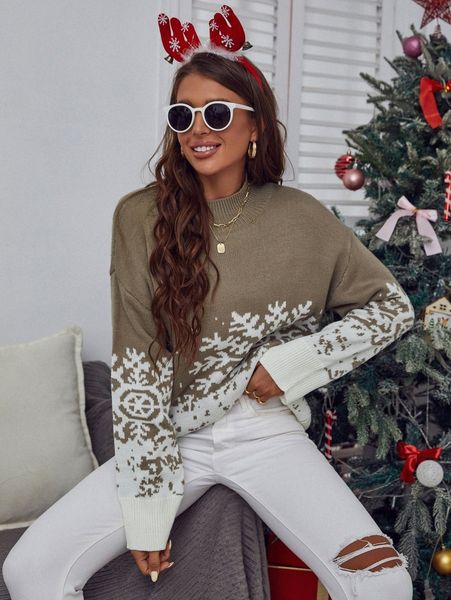 

mock neck drop shoulder snowflake pattern sweater a60s#, White;black