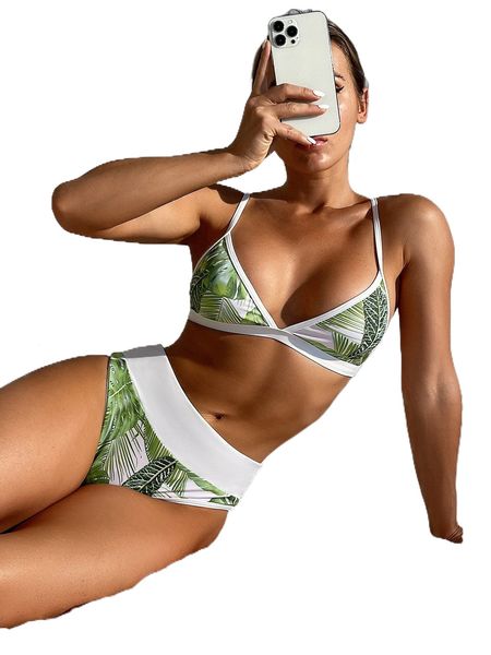 

tropical print triangle high waisted bikini swimsuit p6ra#, White;black
