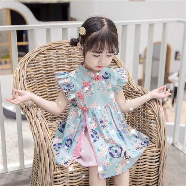 

girl's dresses baby girls cheongsam 2022 summer children's chinese style flying sleeve retro pendant hanfu dressgirl's, Red;yellow