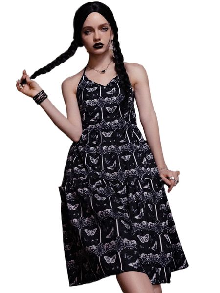 

romwe dark academia butterfly print halter dress j6yy#, Black;gray