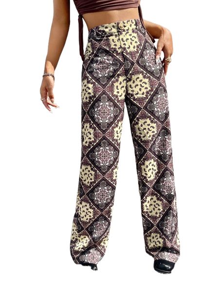 

mod paisley and scarf print wide leg pants k7x2#, Black;white