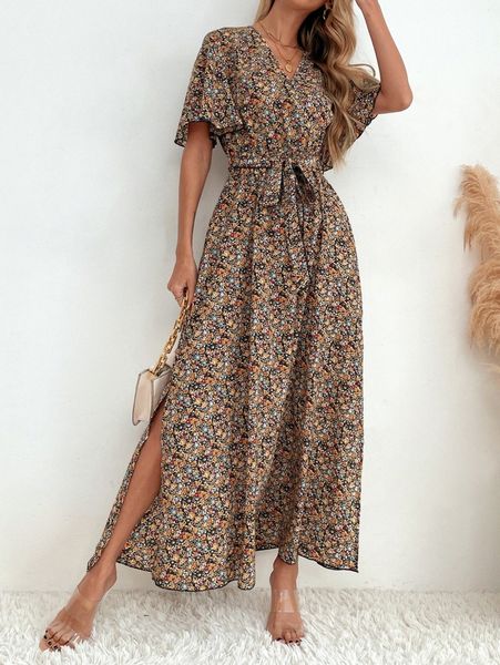 

ditsy floral belted split thigh dress i2sb#, Black;gray