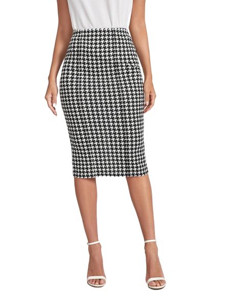 

emery rose houndstooth print split back skirt 101y#, Black