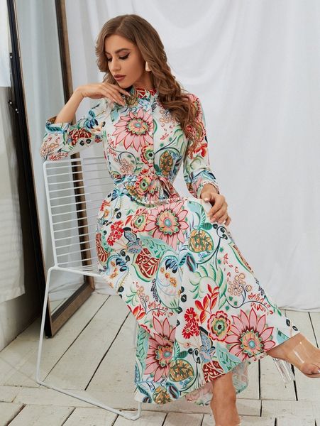 

floral print belted shirt dress 013l#, Black;gray