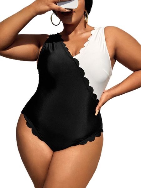

plus two tone scallop trim one piece swimsuit r4vy#, White;black