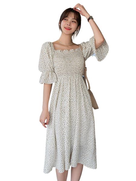 

dazy ditsy floral shirred bust flounce sleeve a-line dress 20wh#, Black;gray