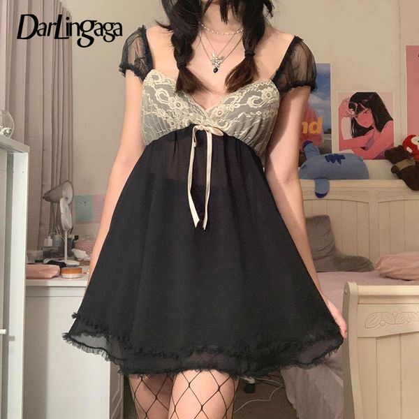 

darlingaga chic y2k v neck lace patchwork bow chiffon dress women bow retro fashion 2000s aesthetic summer dress transparent hot, Black;gray