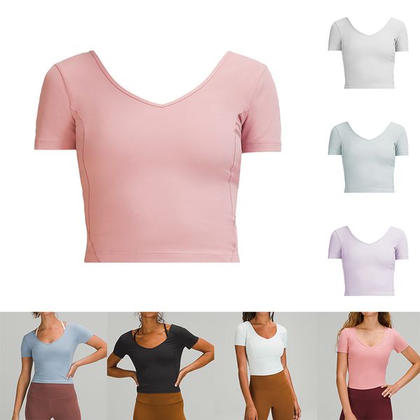 

beautiful back yoga t shirt clothes align womens solid color simplicity sports short-sleeved tight-fitting short t-shirt v-neck u-back, White