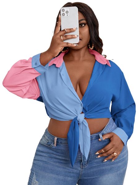 

plus color block knot front drop shoulder crop shirt 31m2#, Black