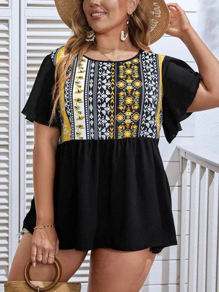 

plus geo print butterfly sleeve peplum blouse 89nn#, Black