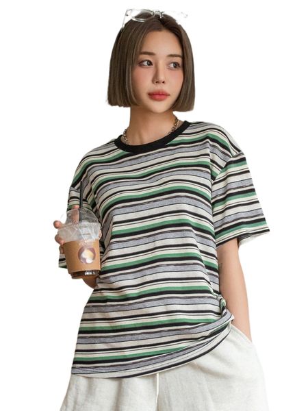 

dazy block striped drop shoulder tee g078#, White
