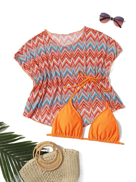 

plus neon orange halter bikini & chevron print cover up m3gu#, White;black