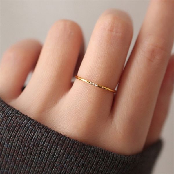 

fashion 1mm stainless steel cubic zirconia thin finger ring fashion jewelry zircon wedding ring 220728, Slivery;golden