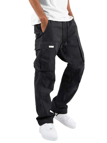 

men patched detail flap pocket drawstring waist cargo pants q8sn#, Black