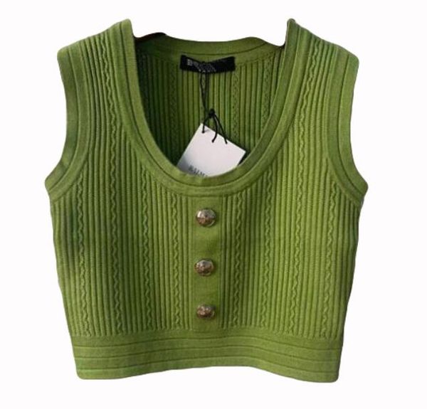 Maglieria da donna, gilet, maglieria, maglietta da donna, top, girocollo, girocollo, senza maniche, maglieria, pantaloncini, T-shirt, in cotone, ombelico esposto, con fibbia, maglietta lavorata a maglia, bottone