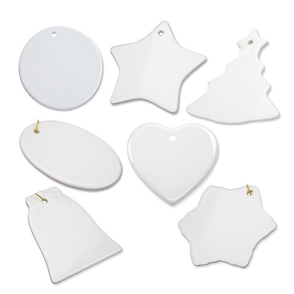

sublimation blank ornament white ceramic 3 inch round heart star tree porcelain pendant with gold string for christmas tag blanks