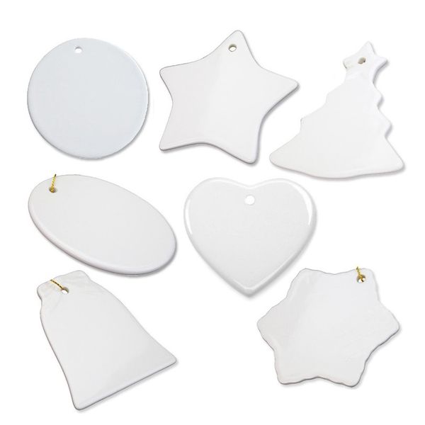 Sublimação em branco Ornamento Cerâmica branca Cerâmica 3 polegada redonda Coração de estrela pingente de porcelana com corda de ouro para a etiqueta de natal em branco