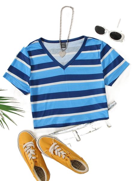 

striped ribbed knit crop tee y5df#, White