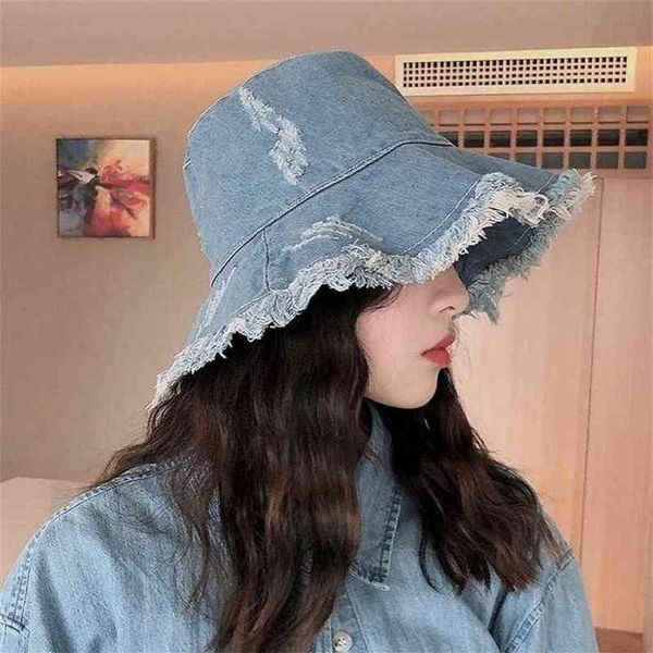 

maxsiti u vintage denim bucket hat women washed cotton fisherman hat tassel big brim fashion leisure basin 211227278q, Blue;gray
