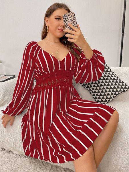 

plus striped guipure lace insert lantern sleeve dress 98qm#, Black