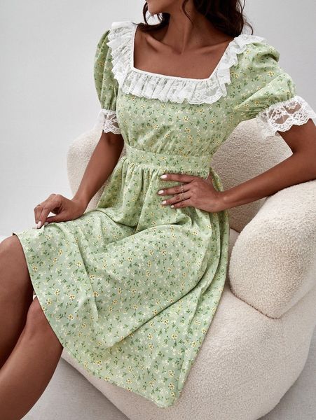 

lace ruffle trim ditsy floral dress t3ap#, Black;gray