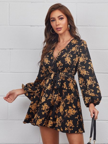 

plunging neck floral print lantern sleeve dress 23kt#, Black;gray