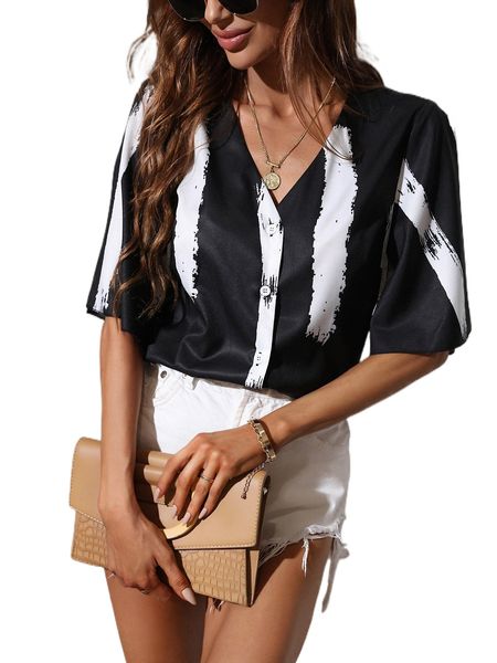 

brush print button front blouse w0el#, White