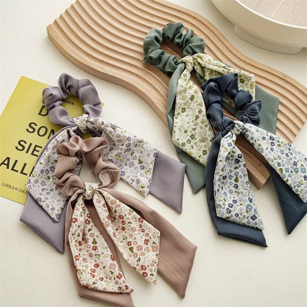

fashion flower print bow scrunchies silk ribbon for women ponytail scarf sweet elastic hair band girls hair ties accessories, Slivery;white
