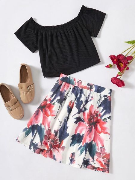 

girls off shoulder frill trim & floral print skirt she, White