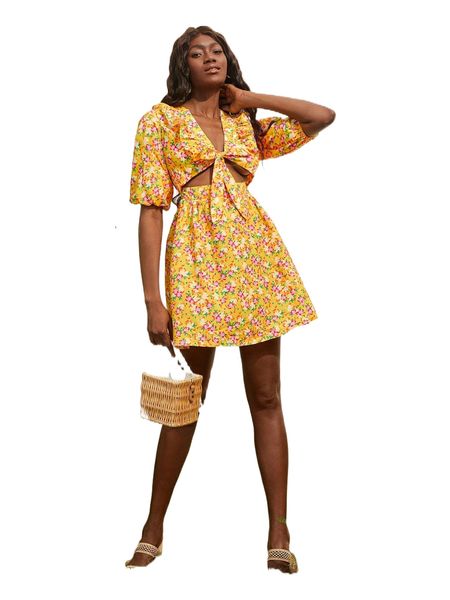 

newness allover floral tie front peekaboo dress l27d#, Black;gray