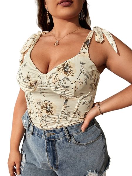 

plus floral print tie shoulder bustier cami m6w1#, Black