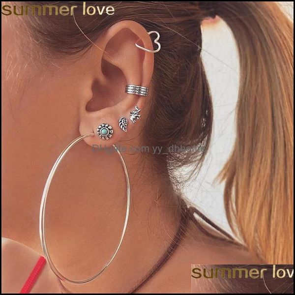 

hoop hie earrings jewelry exaggeration big circle for women trendy retro heart leaf turquoise stud set 6pcs/set wholesale drop delivery 20, Golden;silver