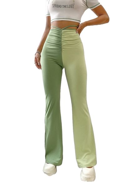 

two tone ruched tie back flare leg pants y5mo#, Black;white