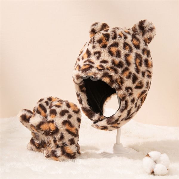 Kunstpelz Baby Wintermütze Handschuhe Leopard Kinder Hüte Mützen mit Ohrenklappe Säuglingsmütze Baby Beanie Kinder Mütze für Mädchen Jungen 1-4 Jahre