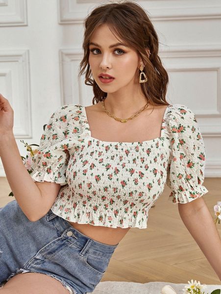 

allover floral print shirred bodice crop y2da#, White