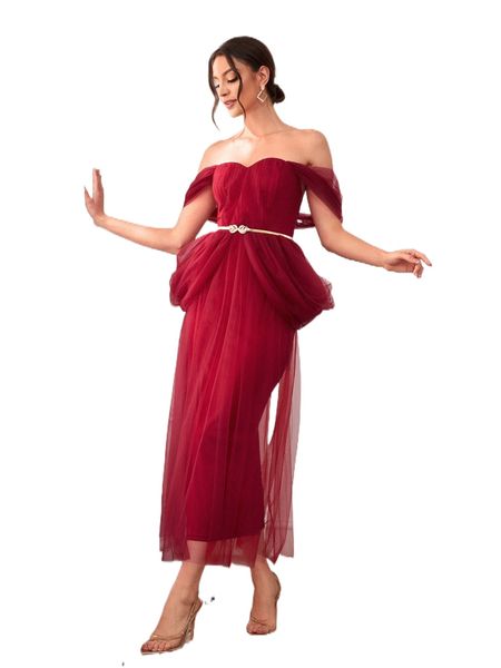 

off shoulder mesh dress without belt g8tz#, Black;gray