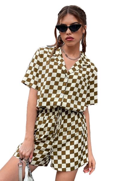 

checker print lapel neck blouse & tie front shorts z85p#, White