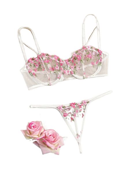 

floral embroidery mesh underwire lingerie set e6qq#, Black;red