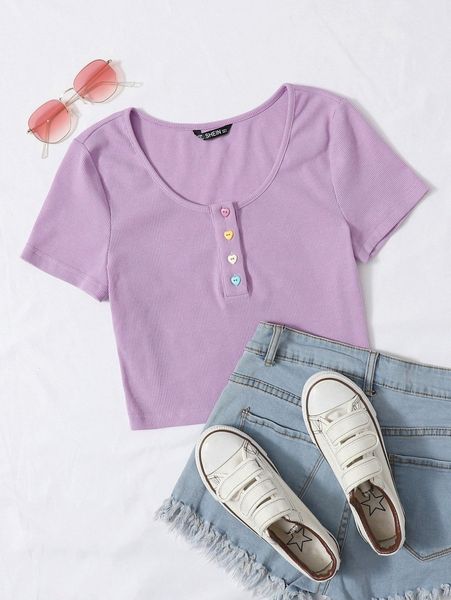 

button half placket rib-knit crop tee t8ct#, White