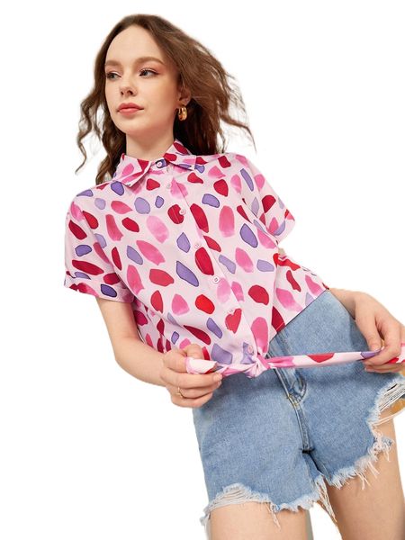 

x debra valencia allover print roll tab sleeve tie hem blouse o6b5#, White