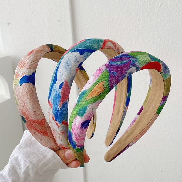 

color oil painting sponge headband fashion hair accessories women trend temperament hairband girl hair band headwear, Slivery;white