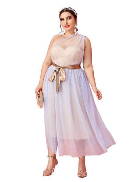 

plus one shoulder mesh overlay belted dress f7nc#, Black