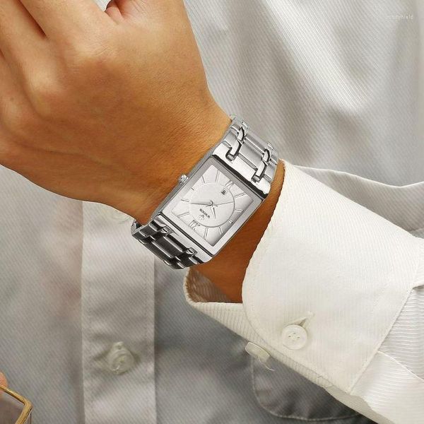Wristwatches wwoor 2022 En İyi Erkekler Moda Square Quartz Paslanmaz Çelik Su Geçirmez Takvim Reloj De Hombre