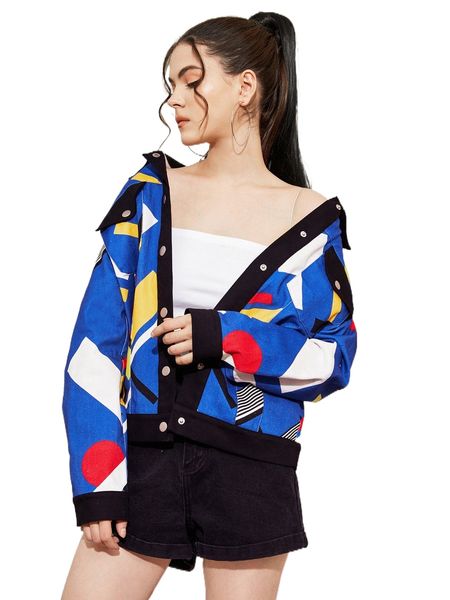 

x chen miaomiao graphic print button front drop shoulder coat 88pj#, Black