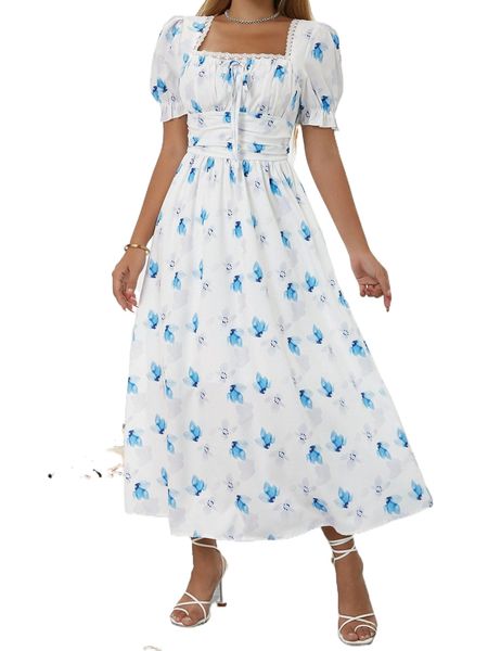 

allover floral print ruched bust puff sleeve dress 58wu#, Black;gray