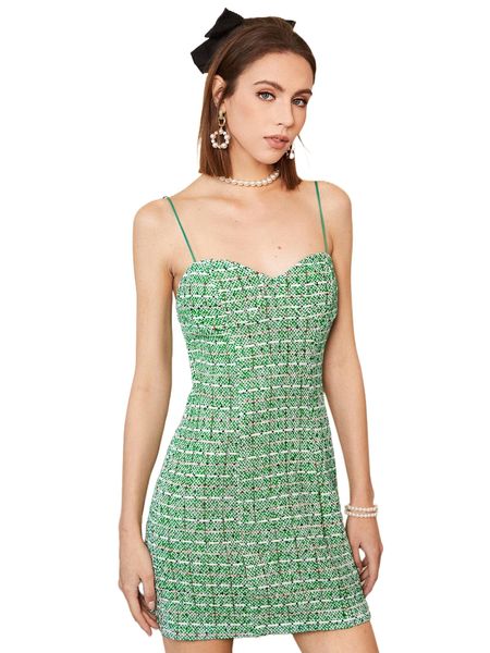 

zipper back tweed cami dress a84c#, Black;gray