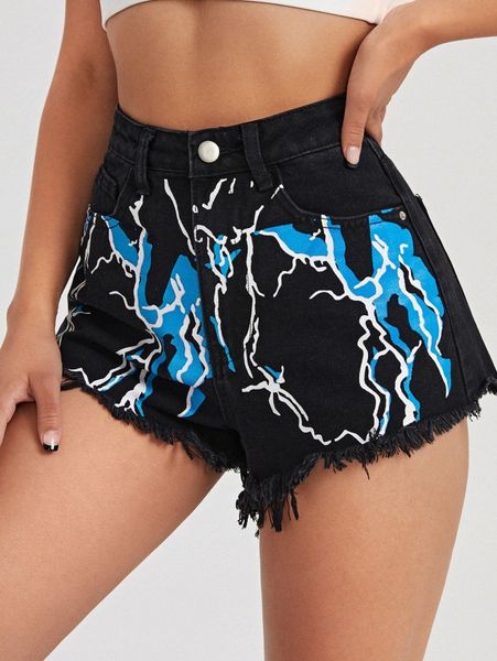 

high waist lightning print raw trim denim shorts r8rh#, White;black