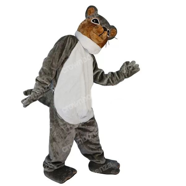 Costume della mascotte dello scoiattolo grigio di Halloween Personaggio a tema anime dei cartoni animati Formato per adulti Vestito da esterno per festa di compleanno di carnevale di Natale