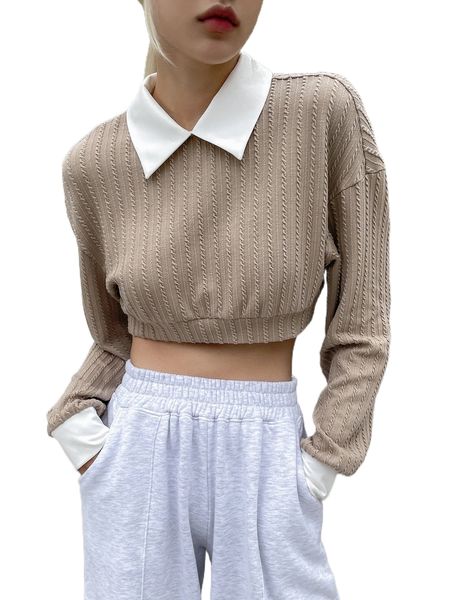 

dazy drop shoulder contrast collar crop sweatshirt m4ru#, Black